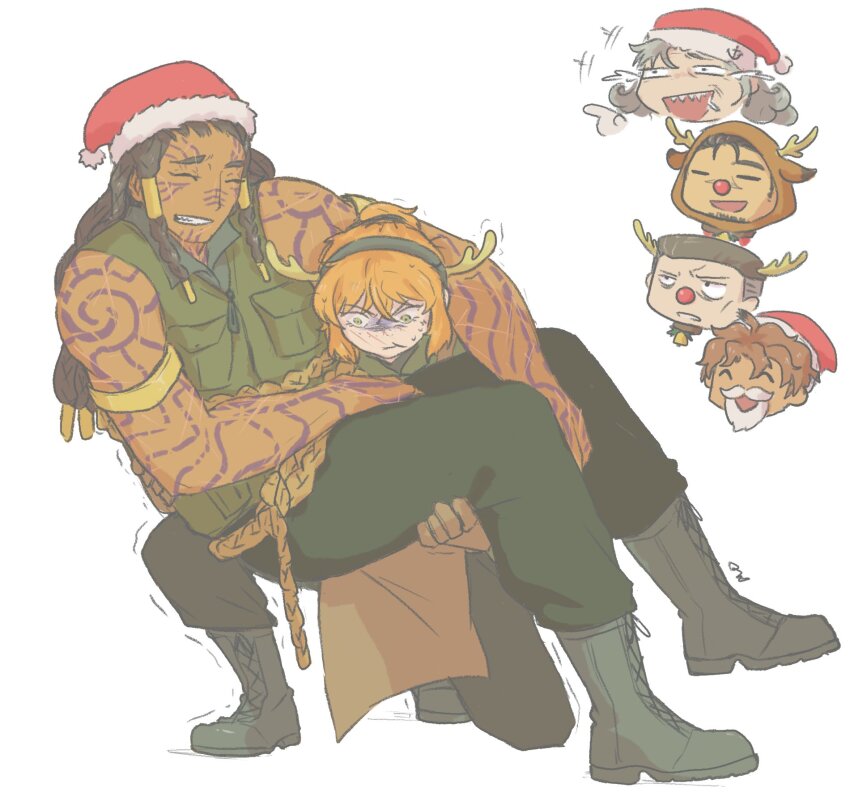 ahab_(project_moon), animal_costume, antlers, arm_tattoo, bell, black_footwear, black_hair, black_pants