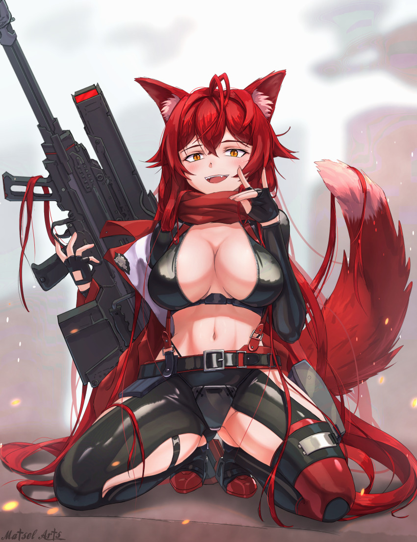 1girl, :d, absurdres, animal_ear_fluff, animal_ears, antenna_hair, anti-materiel_rifle, barrett_m82a2, belt, black_belt, black_footwear, black_gloves, black_jacket, black_pants, blush, breasts, bullpup, cleavage, clothing_cutout, commentary, cropped_jacket, crossed_bangs, crotch_plate, fangs, fingerless_gloves, fox_shadow_puppet, full_body, gloves, goddess_of_victory:_nikke, gun, hair_between_eyes, highres, hip_vent, holding, holding_gun, holding_weapon, holster, jacket, jacket_partially_removed, kemonomimi_mode, kneeling, large_breasts, leather, leather_jacket, leather_pants, long_hair, long_sleeves, looking_at_viewer, matsel_arts, midriff, navel, open_mouth, pants, red_hair, red_hood_(nikke), red_jacket, red_scarf, rifle, scarf, shadow, sidelocks, signature, smile, sniper_rifle, solo, suspenders, tail, teeth, thigh_holster, unzipped, upper_teeth_only, very_long_hair, weapon, wolf_ears, wolf_girl, wolf_tail, yellow_eyes