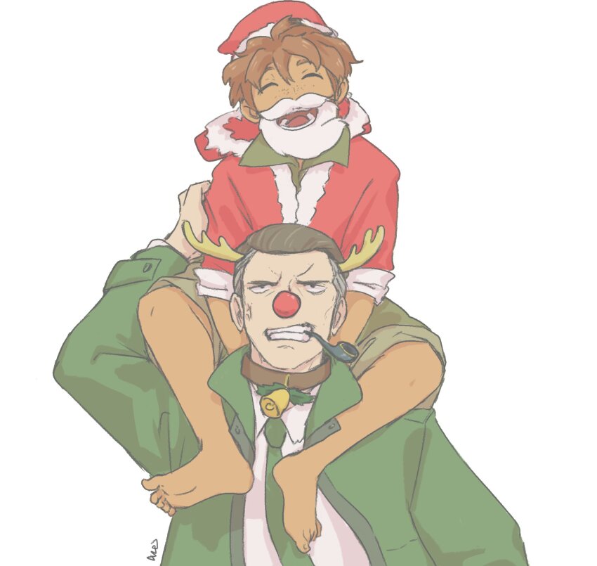 2boys, anger_vein, antlers, barefoot, bell, black_hair, brown_hair, carrying