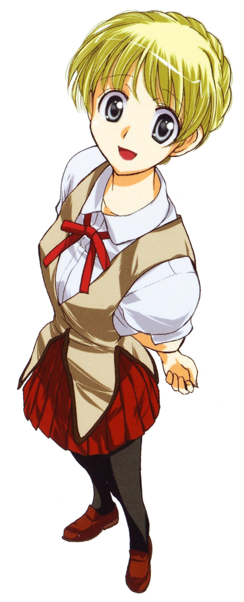 00s, 1girl, :d, absurdres, black_pantyhose, blonde_hair, brown_shoes, female_focus