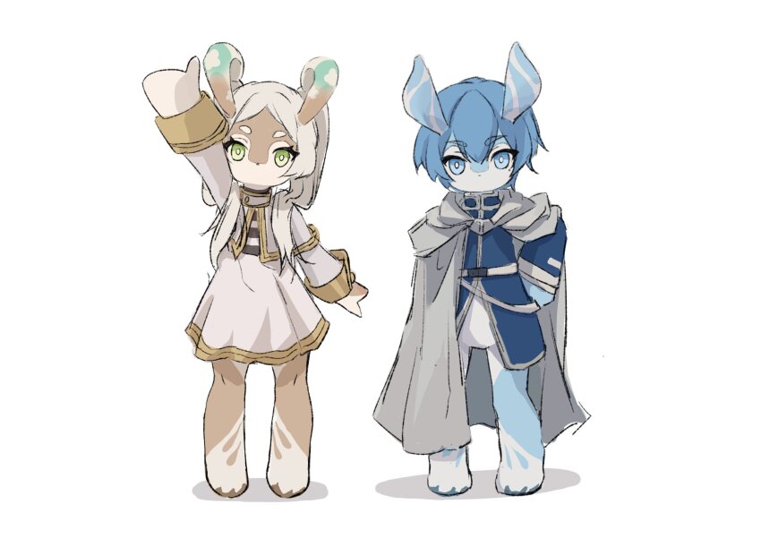 1boy, 1girl, arm_up, blue_eyes, blue_fur, bottomless, brown_fur, cape, dress, eyelashes, frieren, furrification, furry, furry_female, furry_male, genshin_impact, green_eyes, hand_on_own_hip, highres, himmel_(sousou_no_frieren), horns, melusine_(genshin_impact), mole, mole_under_eye, no_mouth, simple_background, situki, sousou_no_frieren, white_background