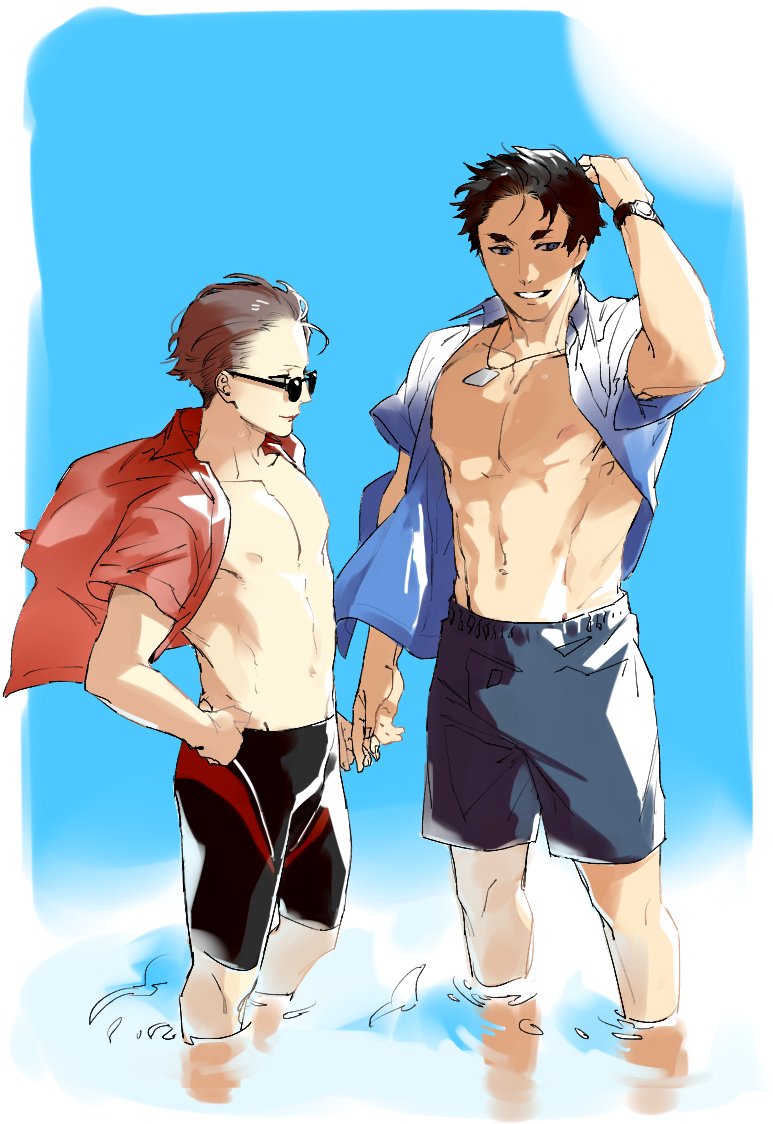 2boys, alternate_costume, arm_up, black_hair, black_male_swimwear, blue_background, blue_eyes, blue_male_swimwear