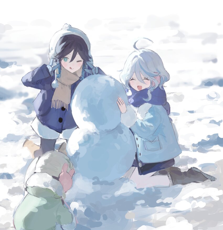 1boy, 2girls, ;d, absurdres, aqua_hair, black_hair, blue_coat, blue_gloves, blue_hair, blue_scarf, boots, braid, brown_footwear, brown_scarf, closed_eyes, coat, cowlick, day, double_v, earmuffs, fur-trimmed_coat, fur_trim, furina_(genshin_impact), genshin_impact, gloves, gradient_hair, green_coat, green_eyes, hair_between_eyes, hands_up, highres, hood, hooded_coat, kneeling, light_blue_hair, long_sleeves, multicolored_hair, multiple_girls, nahida_(genshin_impact), on_ground, one_eye_closed, open_mouth, outdoors, pants, rabbit_earmuffs, scarf, smile, snow, snowman, tongue, tongue_out, twin_braids, v, venti_(genshin_impact), white_headwear, white_pants, winter_uniform, yuuli_(tuna221022)