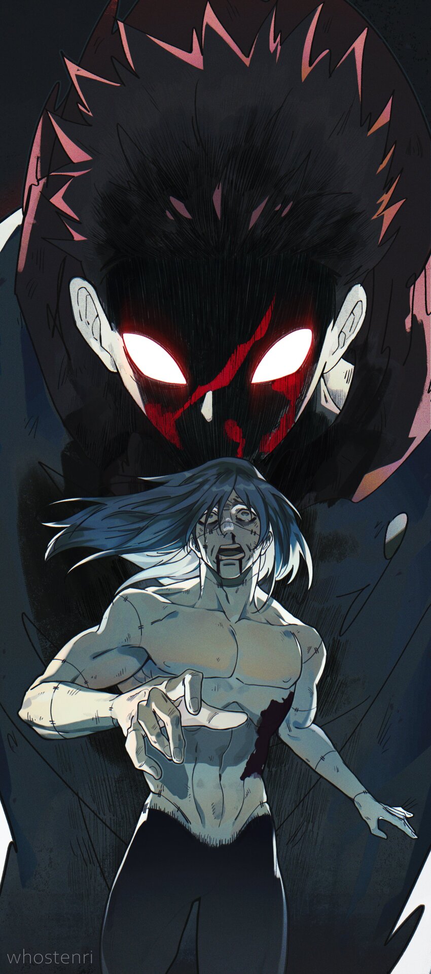 2boys, absurdres, angry, artist_name, blood, blood_from_mouth, blood_on_face, glowing