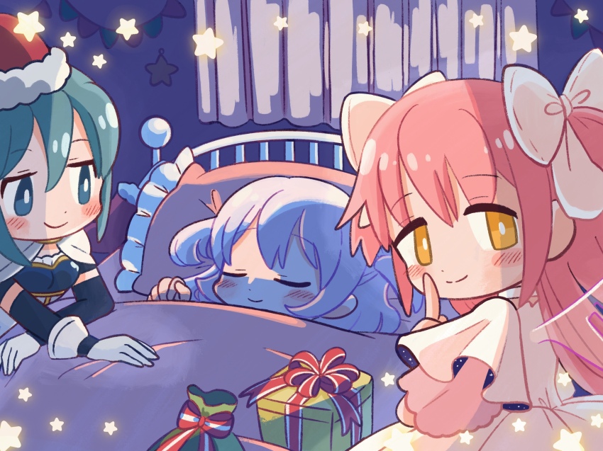 3girls, arm_support, bed, bed_frame, bed_sheet, bedroom, blue_eyes, blue_hair
