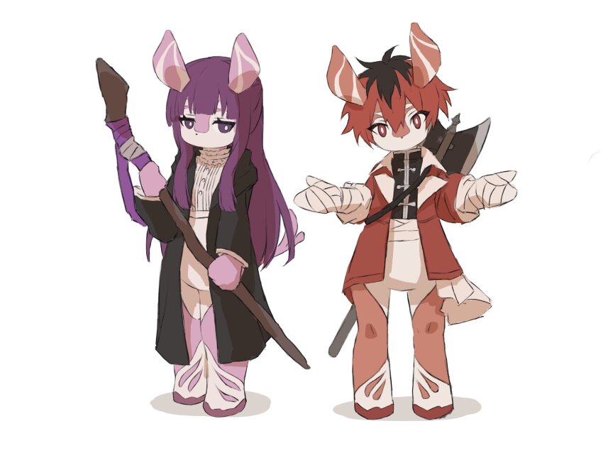 1boy, 1girl, axe, bad_link, bad_twitter_link, bandaged_hand, bandages, barefoot, bottomless, fern_(sousou_no_frieren), furrification, furry, furry_female, furry_male, genshin_impact, highres, holding, holding_behind_back, holding_staff, holding_weapon_behind_back, jacket, melusine_(genshin_impact), multicolored_hair, no_mouth, open_clothes, open_jacket, purple_eyes, purple_hair, red_eyes, red_hair, red_jacket, simple_background, situki, sousou_no_frieren, staff, stark_(sousou_no_frieren), white_background