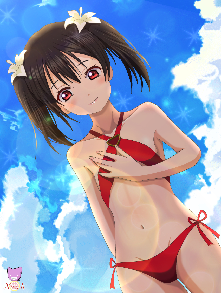 1girl, absurdres, artist_logo, black_hair, highres, logo, looking_at_viewer, love_live!, love_live!_school_idol_project, nyahoekaki1, outdoors, pink_eyes, short_twintails, smile, solo, twintails, yazawa_nico