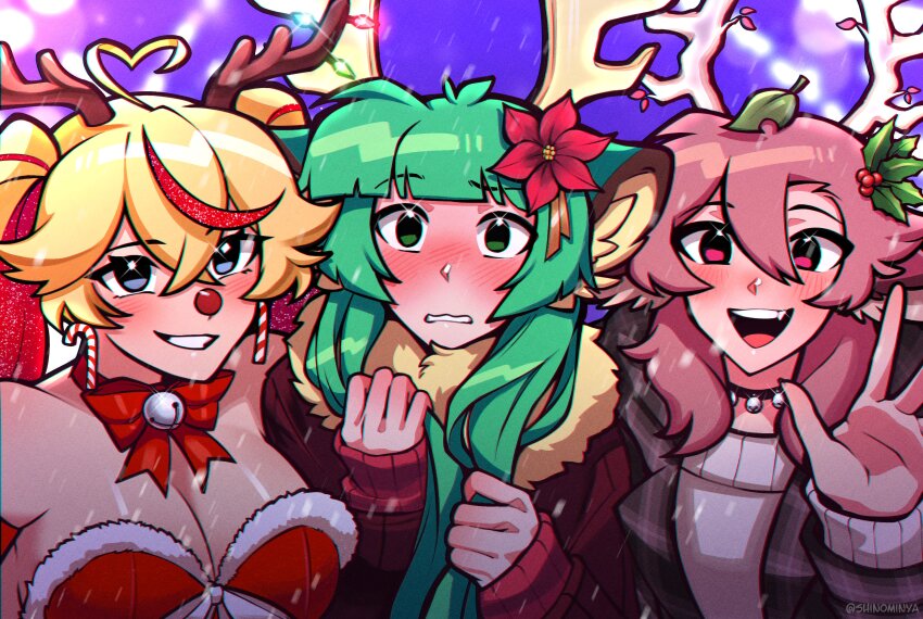 3girls, absurdres, ahoge, animal_ears, antlers, arai_shinomiya, arielle_(vtuber), bell
