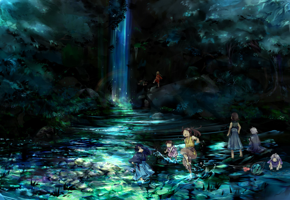 6+boys, branch, chosokabe_motochika_(sengoku_basara), date_masamune_(sengoku_basara), food, fruit, kasuga_(sengoku_basara), katakura_kojuurou_(sengoku_basara), maeda_keiji_(sengoku_basara), male_focus, mori_ranmaru_(sengoku_basara), multiple_boys, nanato_(apis), rainbow, sanada_yukimura_(sengoku_basara), sarutobi_sasuke_(sengoku_basara), sengoku_basara, splashing, stream, takenaka_hanbee_(sengoku_basara), water, waterfall, watermelon