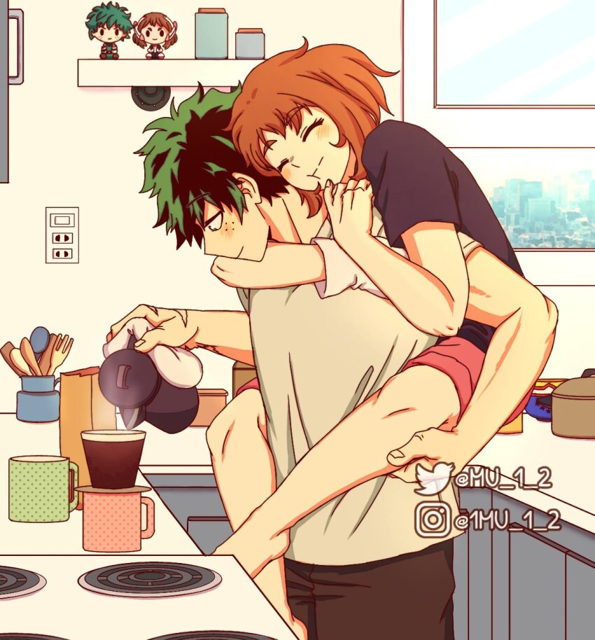 1boy, 1girl, blush, boku_no_hero_academia, brown_hair, carrying, carrying_person, city, closed_eyes, coffee, coffee_mug, cup, disposable_cup, green_eyes, green_hair, highres, hug, hug_from_behind, instagram_username, kitchen, medium_hair, messy_hair, midoriya_izuku, morning, mu_1_2, mug, muscular, muscular_male, piggyback, pouring, pout, scar, short_hair, skyline, slice_of_life, smile, standing, stove, toy, twitter_username, uraraka_ochako, utensil, window