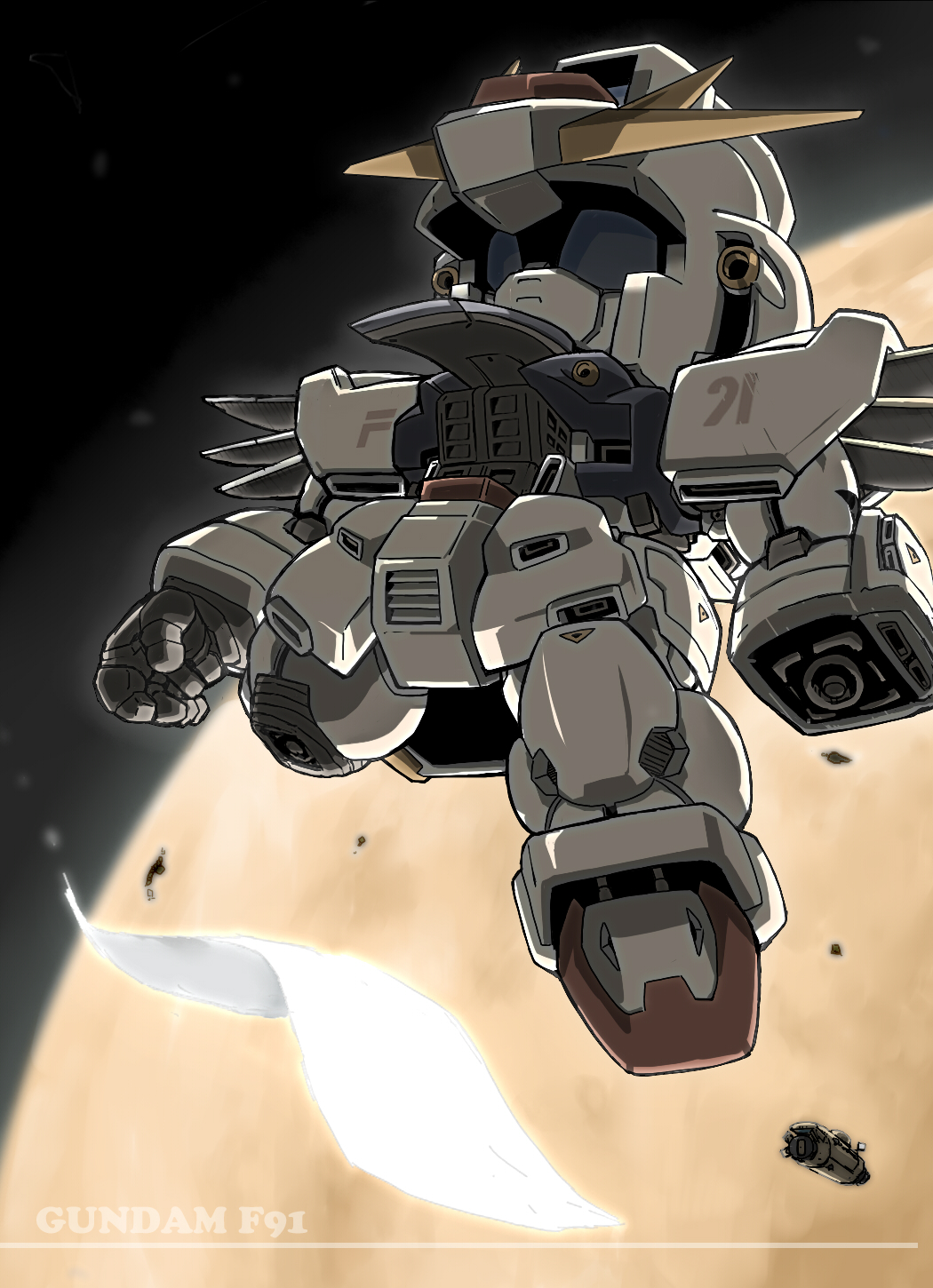 7no2gou, blue_eyes, character_name, chibi, commentary_request, copyright_name, damaged, english_text, f91_gundam, floating, gundam, gundam_f91, highres, mecha, amputee, mobile_suit, moon, no_humans, open_cockpit, robot, sd_gundam, space, v-fin