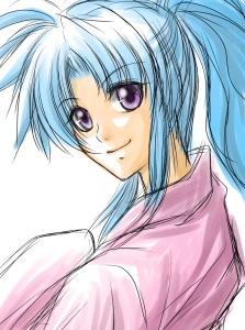 1girl, blue_hair, botan_(yu_yu_hakusho), clo-via, female_focus, japanese_clothes, kimono, long_hair, lowres, ponytail, purple_eyes, solo, white_background, yuu_yuu_hakusho