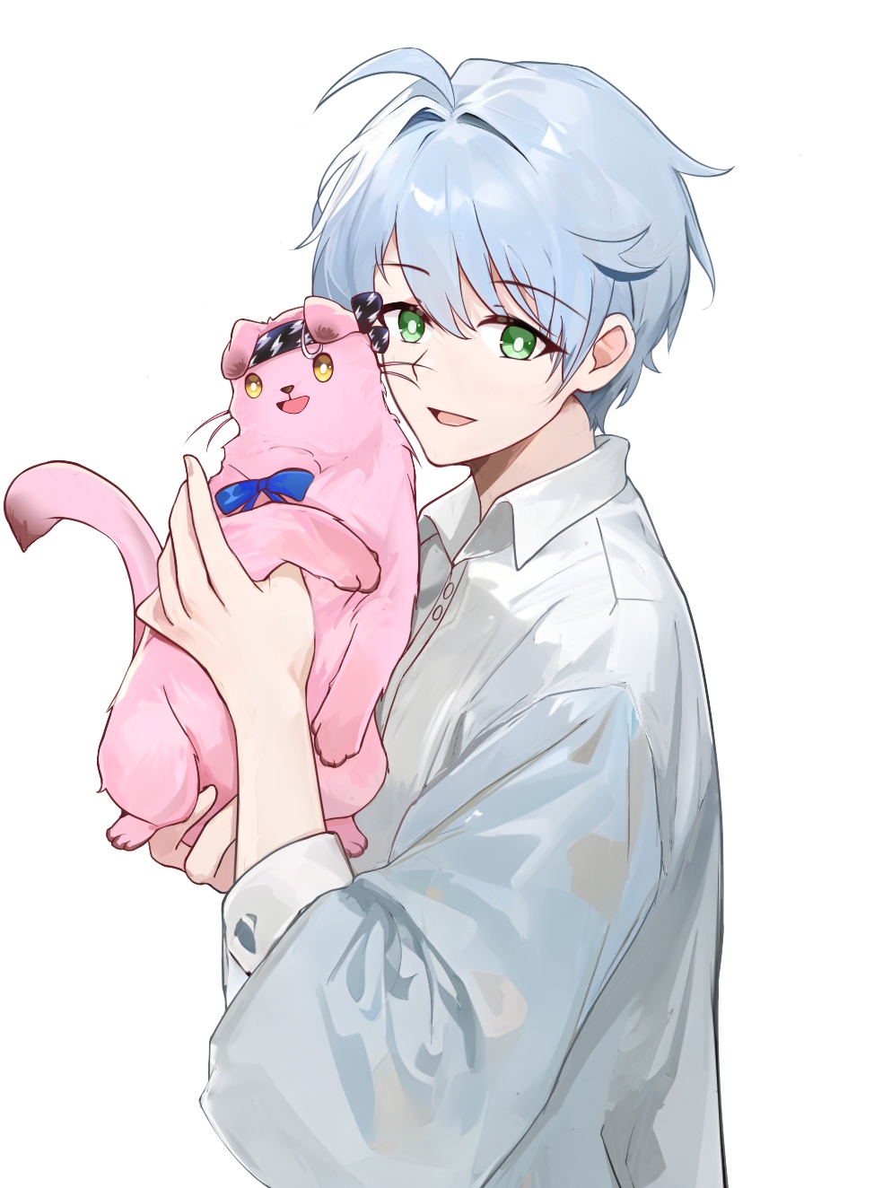 1boy, :d, ahoge, animal, animalization, arknights, bilibili_commission, brown_eyes