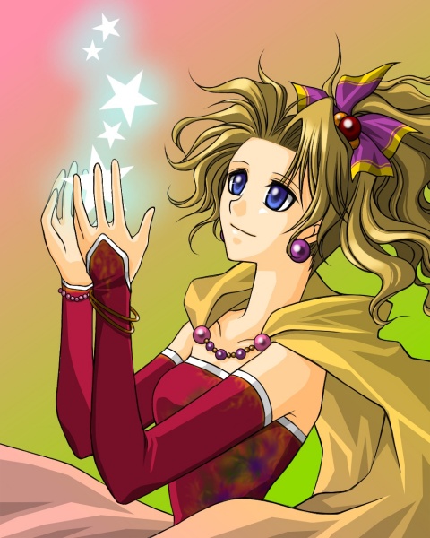 1990s_(style), 1girl, blonde_hair, blue_eyes, cape, clo-via, detached_sleeves, earrings