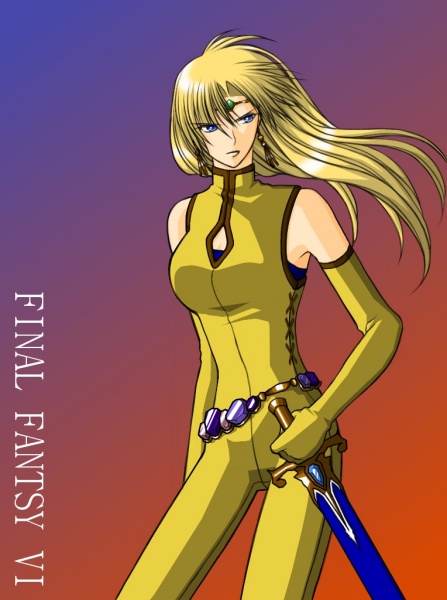 1990s_(style), 1girl, belt, blonde_hair, blue_eyes, celes_chere, clo-via, elbow_gloves