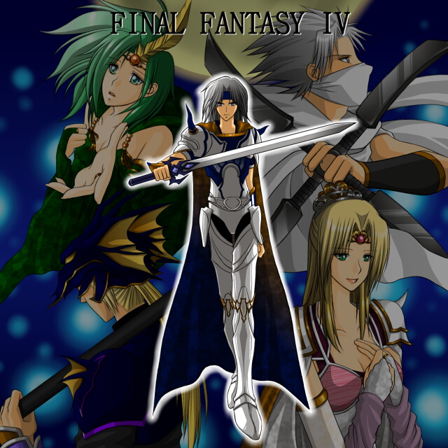 1990s_(style), 2girls, 3boys, armor, blonde_hair, blue_eyes, bridal_gauntlets, cain_highwind