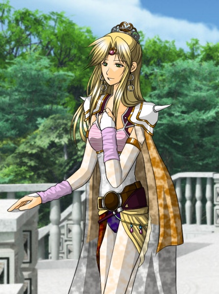 1990s_(style), 1girl, belt, blonde_hair, bridal_gauntlets, cape, clo-via, earrings, female_focus, final_fantasy, final_fantasy_iv, green_eyes, hair_ornament, jewelry, leotard, long_hair, nature, outdoors, rosa_farrell, shoulder_pads, sky, solo, tiara