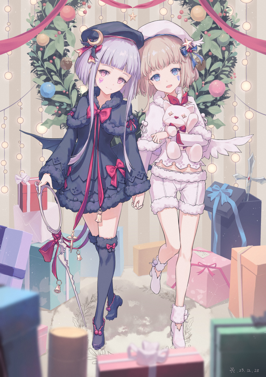 2girls, 34341211, :d, absurdres, arcaea, beret, black_capelet, black_dress, black_headwear, black_wings, blonde_hair, blue_eyes, capelet, christmas, christmas_present, christmas_wreath, closed_mouth, crescent, dress, eto_(arcaea), eto_(winter)_(arcaea), facial_mark, gift, hat, hat_ornament, highres, holding, holding_hands, holding_scissors, hugging_doll, hugging_object, long_sleeves, looking_at_viewer, luna_(arcaea), luna_(winter)_(arcaea), multiple_girls, open_mouth, purple_eyes, purple_hair, scissor_blade_(kill_la_kill), scissors, shorts, siblings, smile, standing, standing_on_one_leg, star_(symbol), stuffed_animal, stuffed_toy, twins, white_capelet, white_headwear, white_shorts, white_wings, wings, wreath