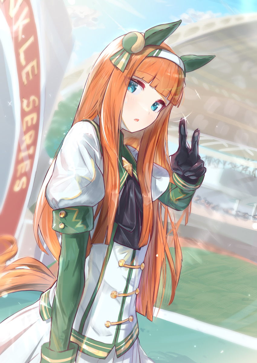 1girl, absurdres, animal_ears, aqua_eyes, black_bow, black_bowtie, black_gloves, blunt_bangs, bow, bowtie, commentary_request, ear_covers, from_side, gloves, hairband, highres, hime_cut, horse_ears, horse_girl, long_hair, long_sleeves, looking_at_viewer, looking_to_the_side, moca_suzuka, orange_hair, silence_suzuka_(innocent_silence)_(umamusume), silence_suzuka_(umamusume), solo, umamusume, v, white_hairband