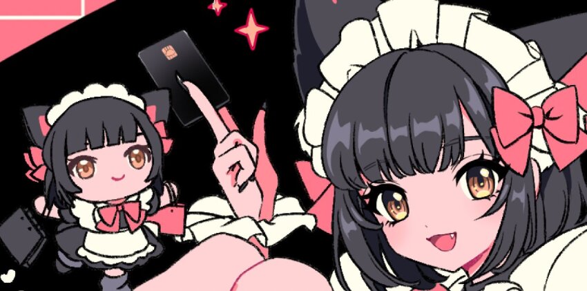 1girl, :d, animal_ears, apron, bag, between_fingers, black_background, black_credit_card