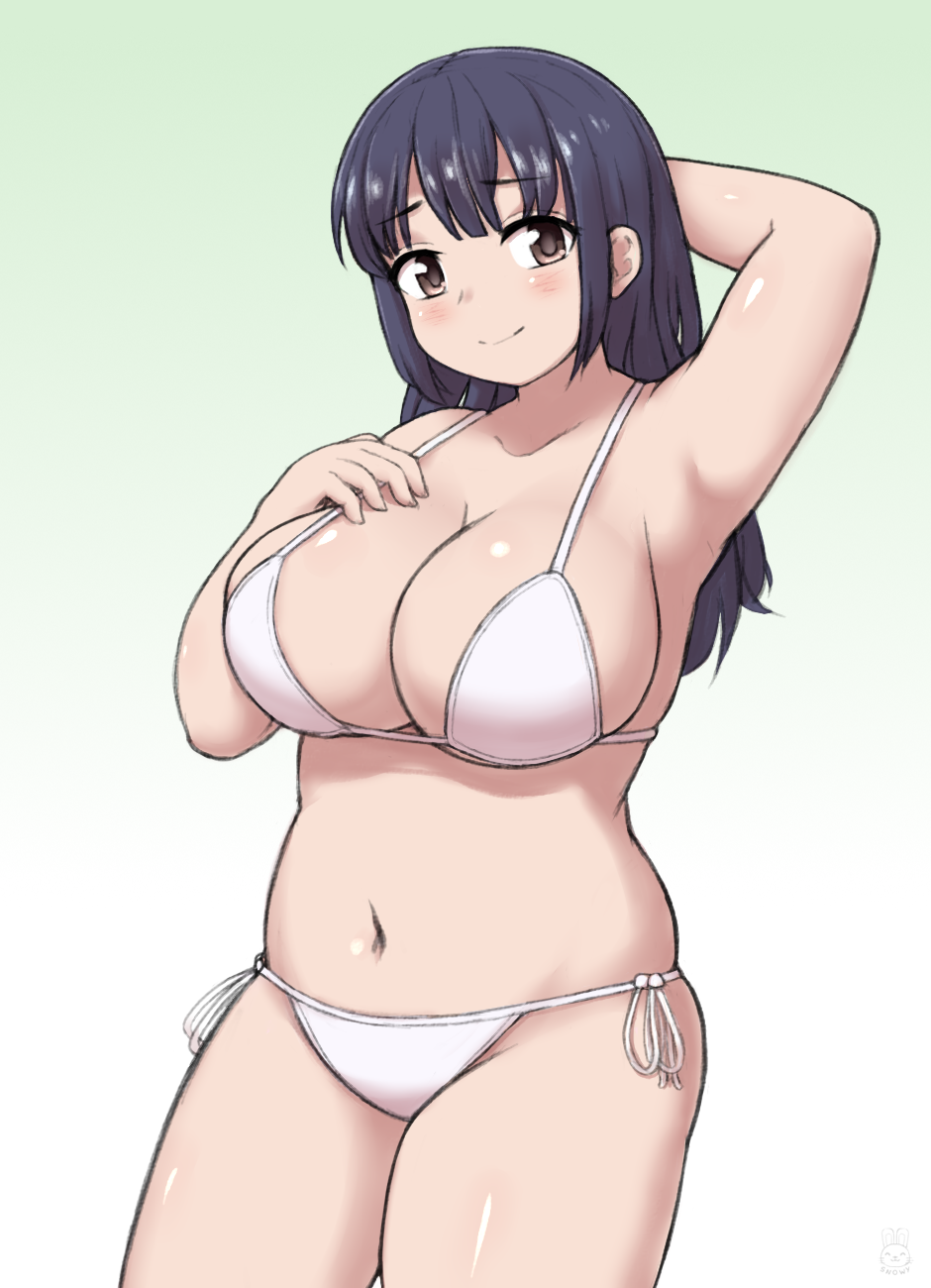 1girl, arm_up, bikini, blush, boku_no_kokoro_no_yabai_yatsu, breasts, brown_eyes, highres, large_breasts, long_hair, navel, plump, side-tie_bikini_bottom, smile, snowybunny, solo, standing, swimsuit, white_bikini, yamada_anna