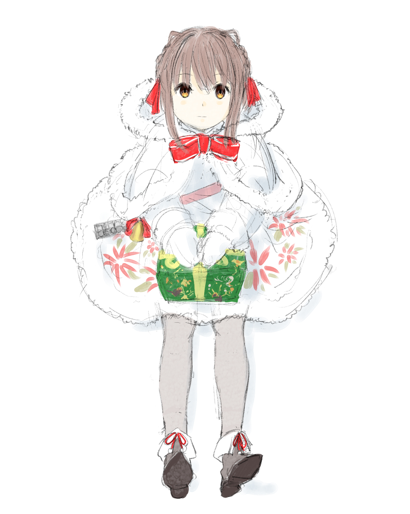 1girl, bell, boots, brown_hair, capelet, christmas, closed_mouth, dress