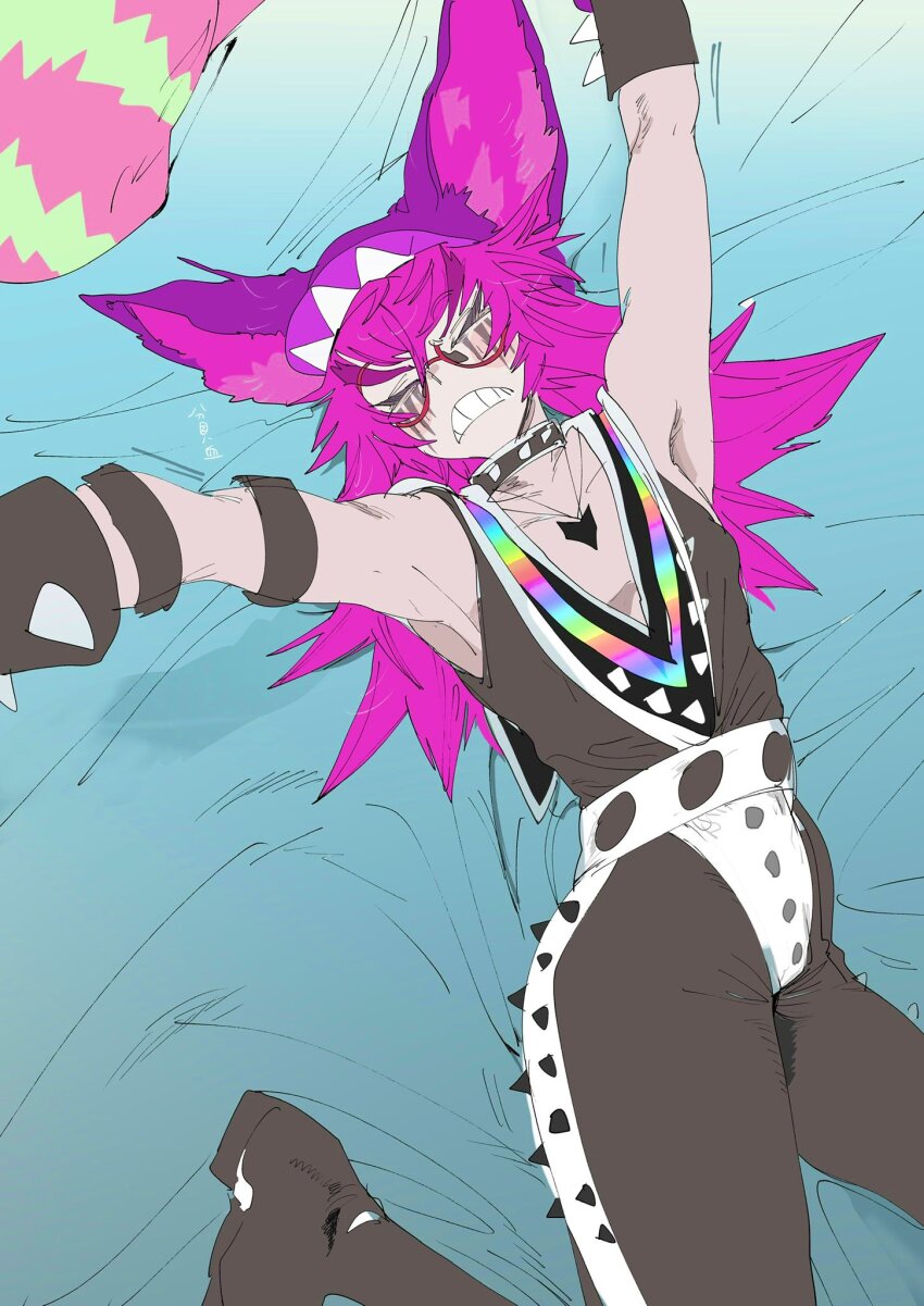 1boy, animal_ears, bed, bed_sheet, black_bodysuit, black_hat, black_jumpsuit, bodysuit