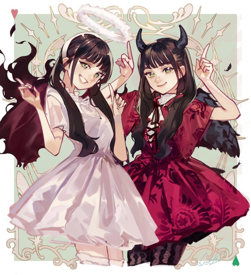 2girls, absurdres, aegyo_sal, angel_wings, bandana, black_hair, demon_horns, demon_wings, dress, green_eyes, highres, horns, idol, idol_clothes, itsu_ninaku, kawasaki_sakura_(nogizaka46), mole, mole_under_eye, multiple_girls, nogizaka46, pointing, pointing_up, red_dress, smile, twintails, white_dress, wings
