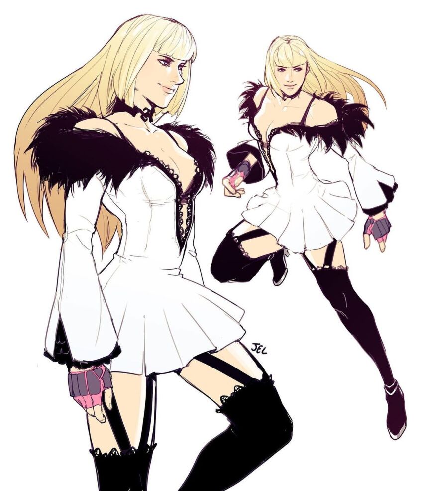 1girl, bare_shoulders, blonde_hair, breasts, cleavage, dress, emilie_de_rochefort, fingerless_gloves