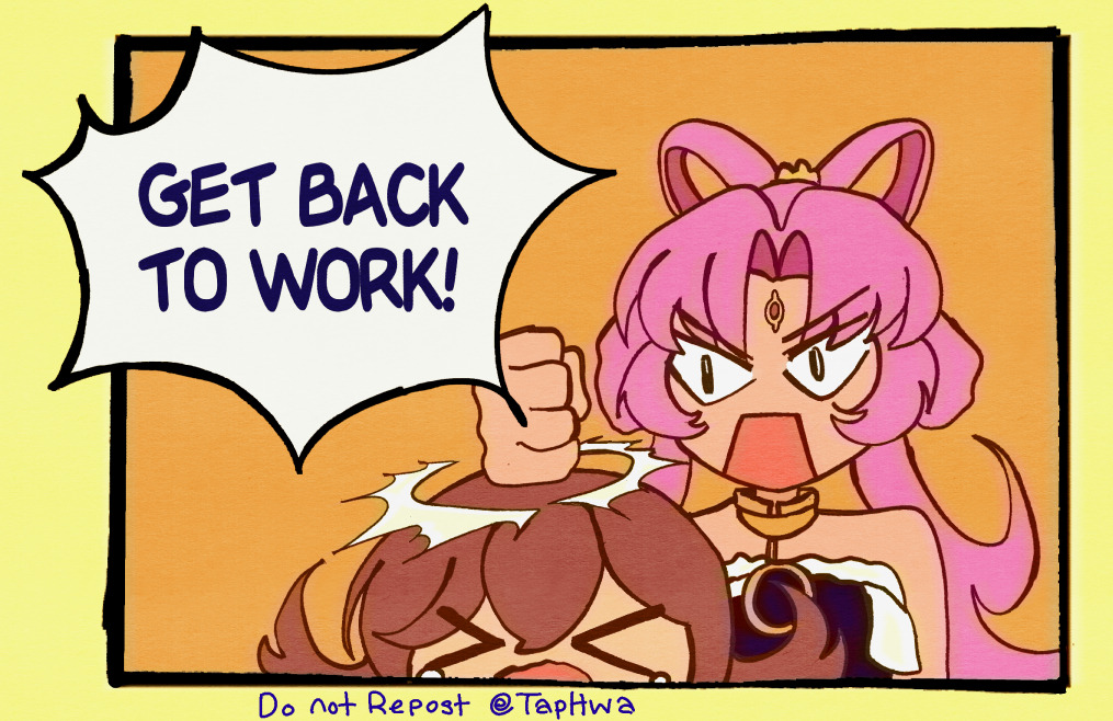 >_<, 2girls, angry, black_eyes, border, brown_hair, comic, commentary, english_commentary, english_text, forehead_jewel, fu_xuan_(honkai:_star_rail), hair_rings, hitting, honkai:_star_rail, honkai_(series), long_hair, multiple_girls, open_mouth, orange_background, pink_hair, qingque_(honkai:_star_rail), segmented_comic, taphwa, upper_body, v-shaped_eyebrows, yellow_border