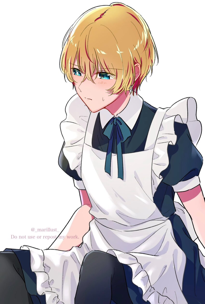 1boy, apron, black_pantyhose, black_shirt, blonde_hair, blue_eyes, closed_mouth, crossdressing