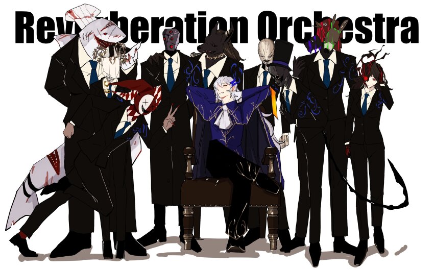 1other, 3girls, 6+boys, absurdres, animal_head, argalia_(project_moon), arms_up, ascot