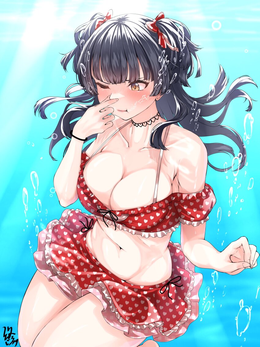 1girl, absurdres, air_bubble, armpit_crease, bare_shoulders, bikini, black_hair, blunt_bangs