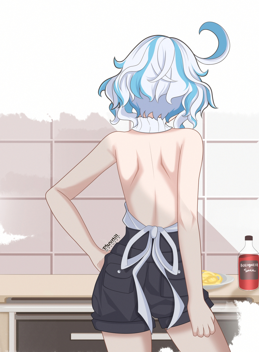 1girl, absurdres, ahoge, alternate_costume, apron, ass, bare_shoulders, blue_hair
