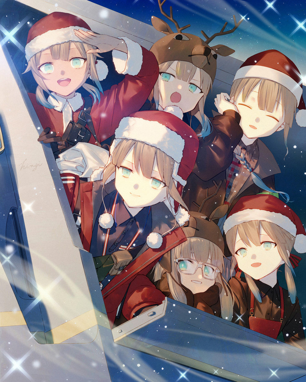 animal_costume, antlers, aqua_eyes, baker_nemo_(fate), baker_nemo_(santa)_(fate), blonde_hair, blue_hair, blunt_bangs
