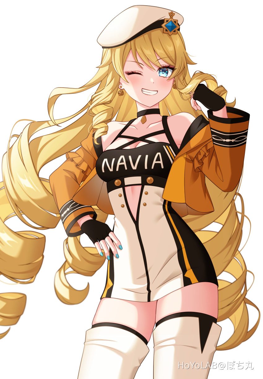 1girl, absurdres, alternate_costume, bare_shoulders, beret, black_choker, black_gloves, blonde_hair