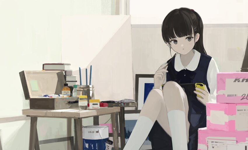 1girl, absurdres, black_bow, black_bowtie, black_eyes, black_hair, blue_dress, bow, bowtie, comitia_143, commentary_request, dress, food, half_updo, highres, kneehighs, long_hair, looking_at_viewer, nintendo_switch, original, orval, paint_can, painting_(object), parted_lips, pinafore_dress, pocky, school_uniform, sitting, sleeveless, sleeveless_dress, socks, solo, white_socks