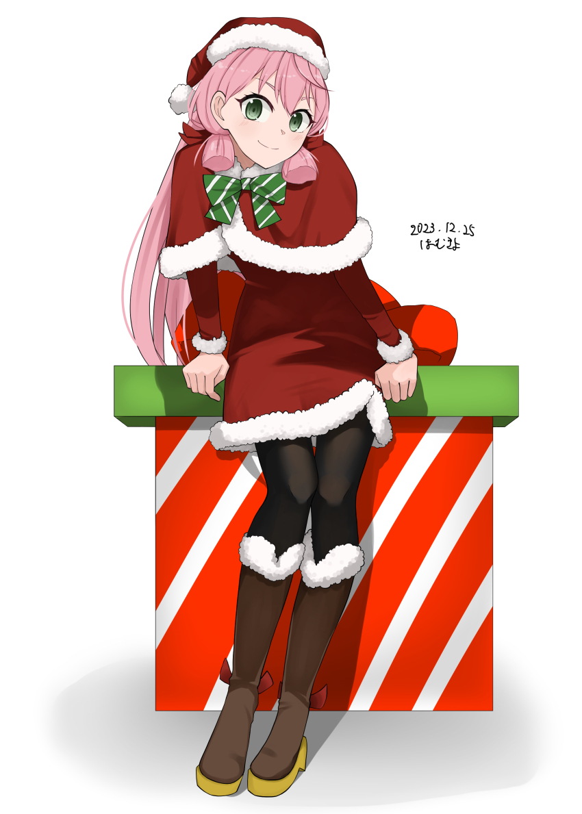 1girl, absurdres, akashi_(christmas)_(kancolle), akashi_(kancolle), alternate_costume, artist_name, black_pantyhose, blunt_tresses