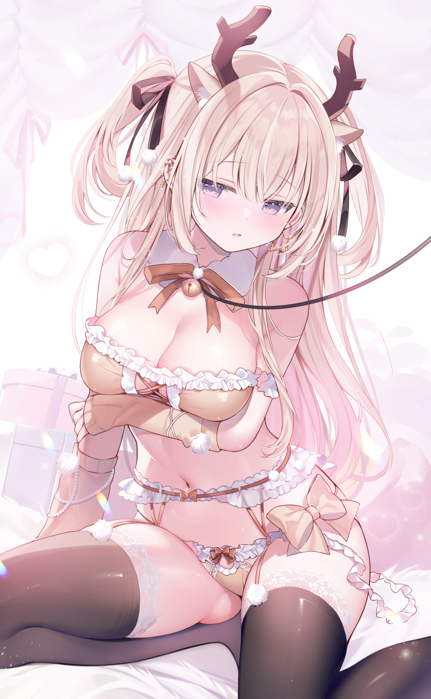 1girl, ame_usari, animal_ear_fluff, animal_ears, antlers, arm_under_breasts, bare_shoulders, bell