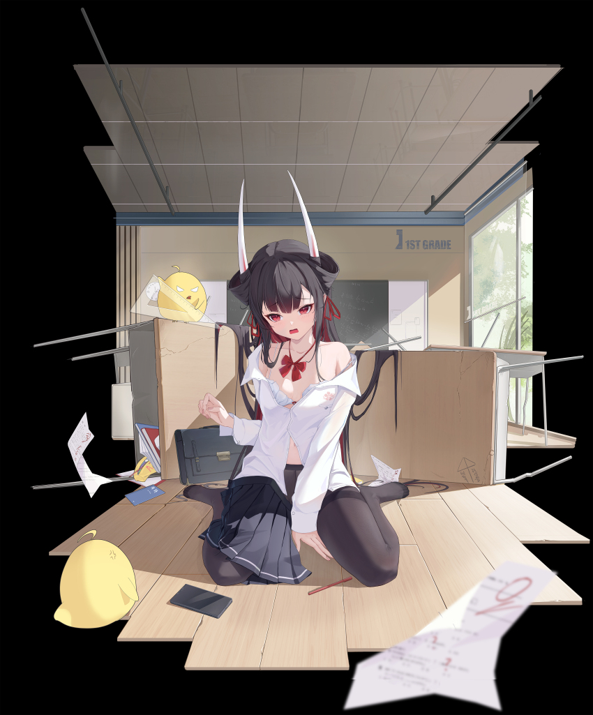 1girl, absurdres, azur_lane, bag, black_hair, black_pantyhose, black_skirt, black_thighhighs