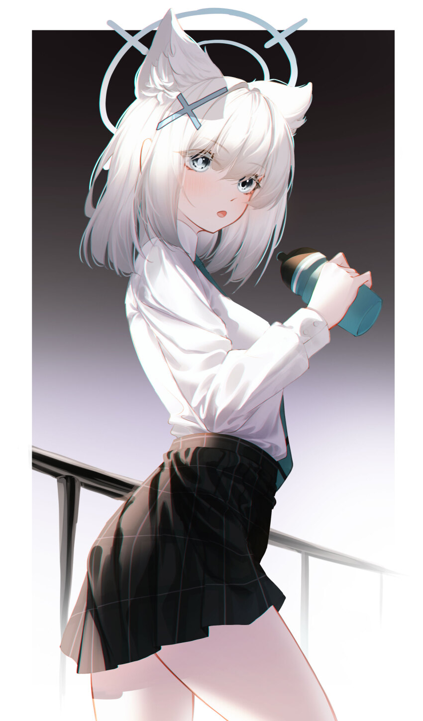 1girl, absurdres, alternate_eye_color, animal_ear_fluff, animal_ears, black_knight, black_skirt, blue_archive