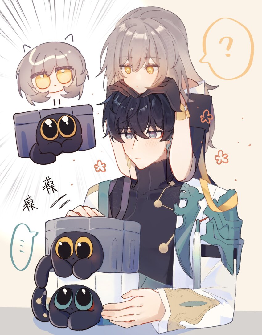 ..., 1boy, 1girl, ?, animification, black_cat, black_gloves, black_hair