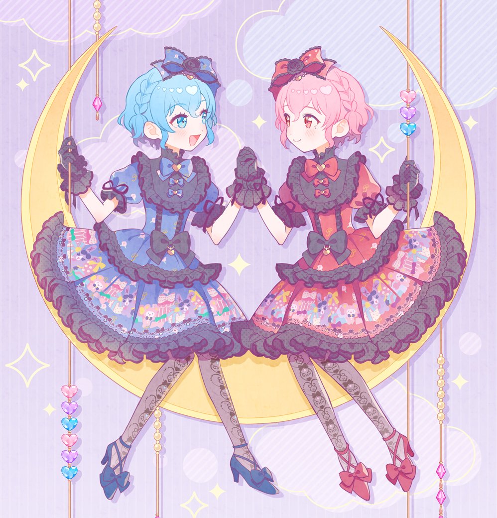 1boy, 1girl, :d, black_gloves, blue_dress, blue_eyes, blue_footwear, blue_hair, bow, braid, brother_and_sister, character_print, cloud, collared_dress, commentary_request, crossdressing, curly_hair, dorothy_west, dress, eye_contact, frilled_dress, frills, full_body, gloves, hair_between_eyes, hair_bow, high_heels, holding_hands, kuma_(pripara), lolita_fashion, looking_at_another, mole, mole_under_eye, on_crescent, open_mouth, oshiri_(o4ritarou), pantyhose, pink_eyes, pink_hair, pretty_series, pripara, puffy_short_sleeves, puffy_sleeves, purple_background, red_dress, red_footwear, reona_west, shoes, short_hair, short_sleeves, siblings, side_braid, sitting, smile, sparkle, symmetrical_pose, trap, twins, usagi_(pripara)