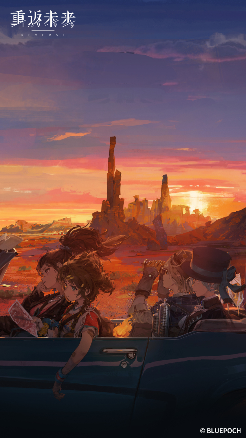 1boy, 3girls, absurdres, ascot, backpack, bag, bandaged_arm, bandaged_hand