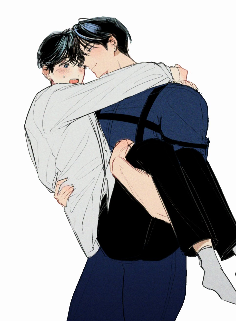 2boys, arms_around_neck, black_hair, black_pants, blue_eyes, blush, bodysuit, carrying
