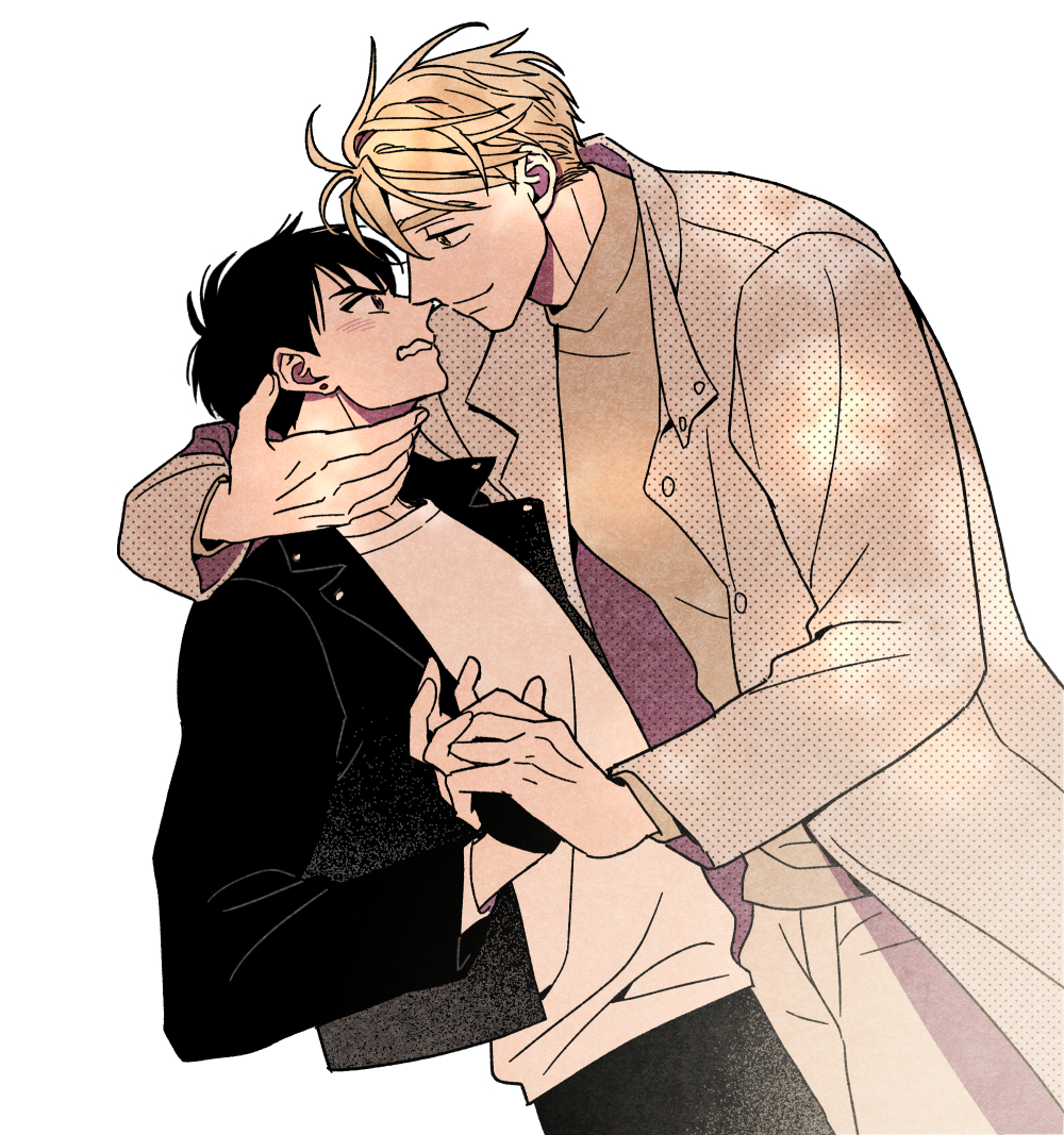 2boys, black_hair, black_jacket, blonde_hair, blush, brown_coat, brown_eyes, closed_mouth