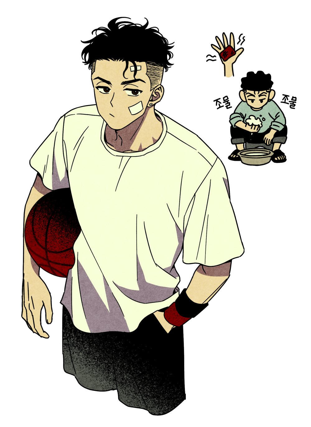 1boy, ball, basketball_(object), black_hair, black_pants, closed_mouth, commentary_request, hand_in_pocket, highres, holding, korean_commentary, korean_text, male_focus, miyagi_ryouta, multiple_views, pants, shirt, short_hair, short_sleeves, simple_background, sitting, slam_dunk_(series), standing, sungsil2sungsil, translation_request, white_background, white_shirt