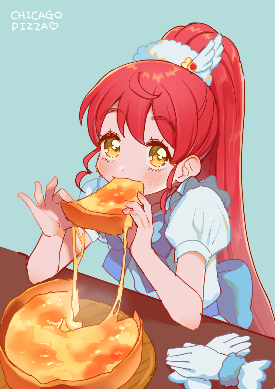 1girl, blush, chicago_deep_dish_pizza, commentary_request, eating, elbows_on_table, food, gloves, hands_up, highres, holding, holding_food, holding_pizza, long_hair, looking_at_viewer, oshiri_(o4ritarou), pizza, pizza_slice, ponytail, pretty_series, pripara, puffy_short_sleeves, puffy_sleeves, red_hair, shiratama_mikan, short_sleeves, sitting, solo, steam, unworn_gloves, upper_body, very_long_hair, yellow_eyes