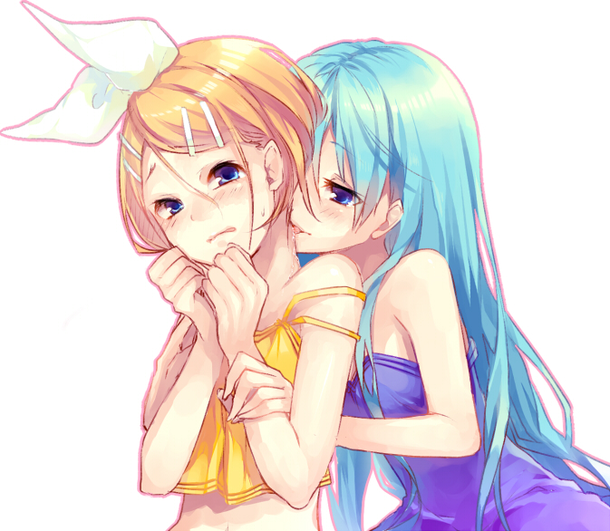 2girls, aobara, blonde_hair, blue_eyes, blue_hair, hair_down, hair_ornament, hairclip, hatsune_miku, kagamine_rin, licking, midriff, multiple_girls, simple_background, vocaloid, yuri