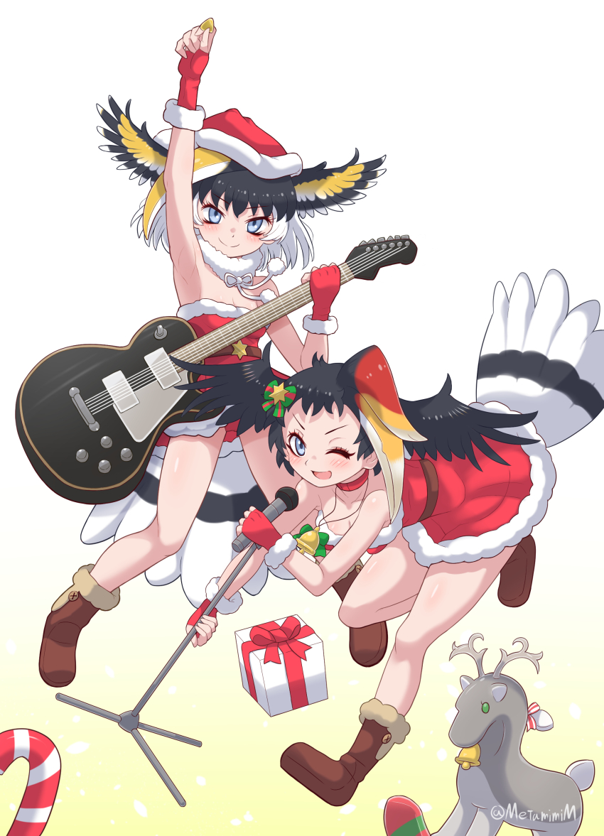 2girls, absurdres, alternate_costume, bare_shoulders, belt, bird_girl, bird_tail, bird_wings